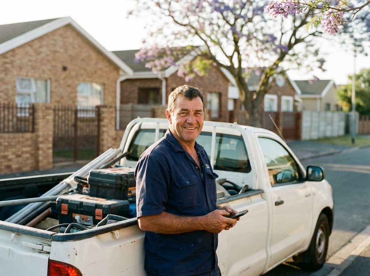 A plumber standing beside his bakkie in a Cape Town suburb, checking his phone